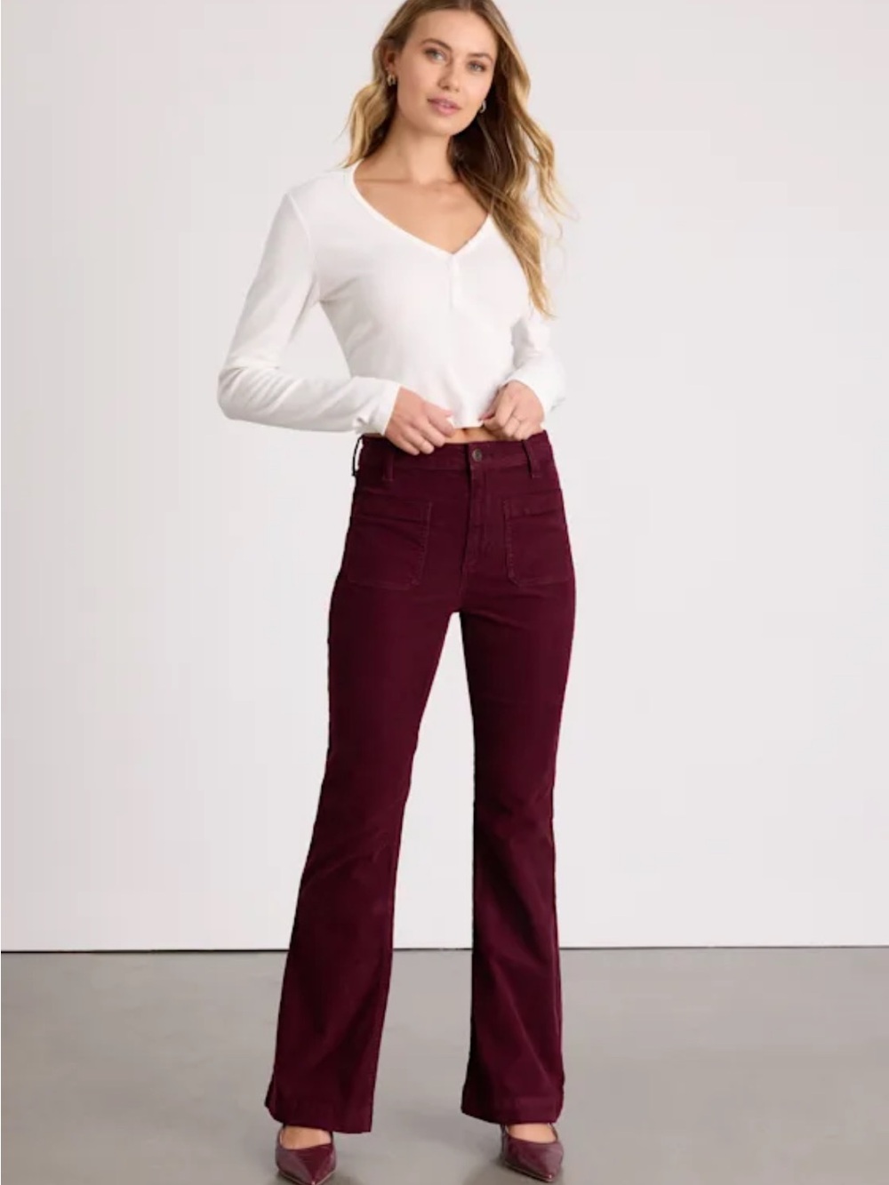 Celebrity Pink Burgundy Corduroy Flared Jeans pants size 7 28 juniors stretchy